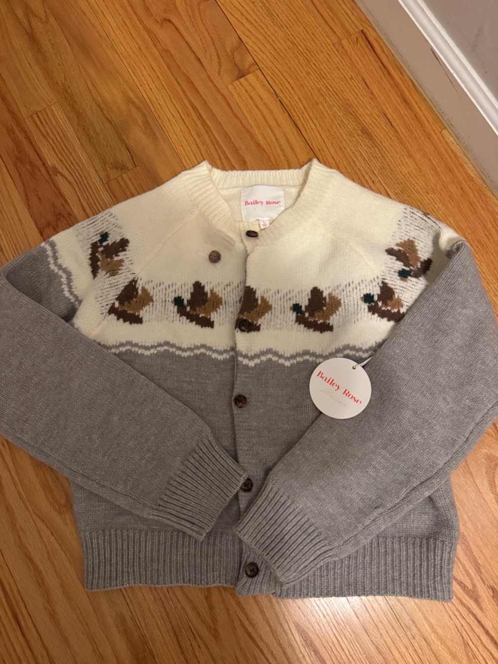 Bailey Rose Women's Gray & Cream Knit Cardigan with Duck Motif